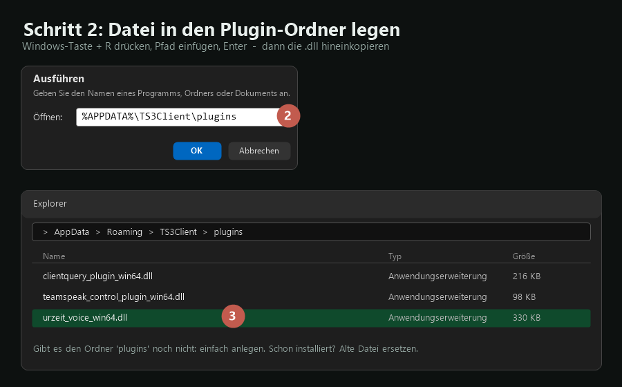 Ausführen-Dialog und Plugin-Ordner