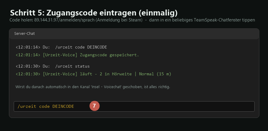 Zugangscode im TeamSpeak-Chat eintragen