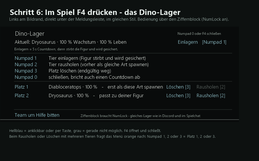 Das Dino-Lager-Menü nach F4